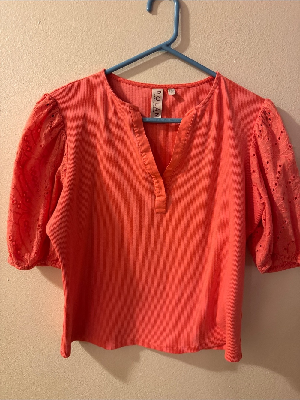 dolan Coral Eyelet Puff Sleeve Top
